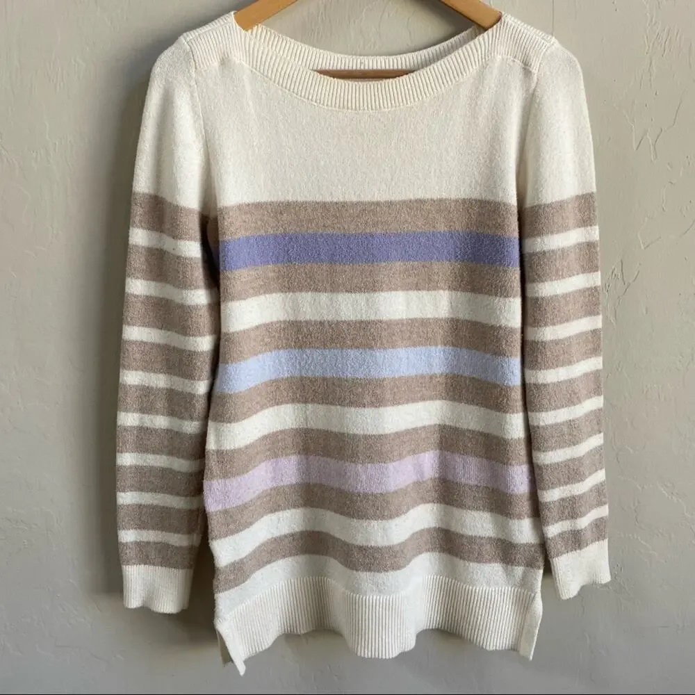 LOFT Cream Multicolor Stripe Wool‎ Blend Crewneck Sweater